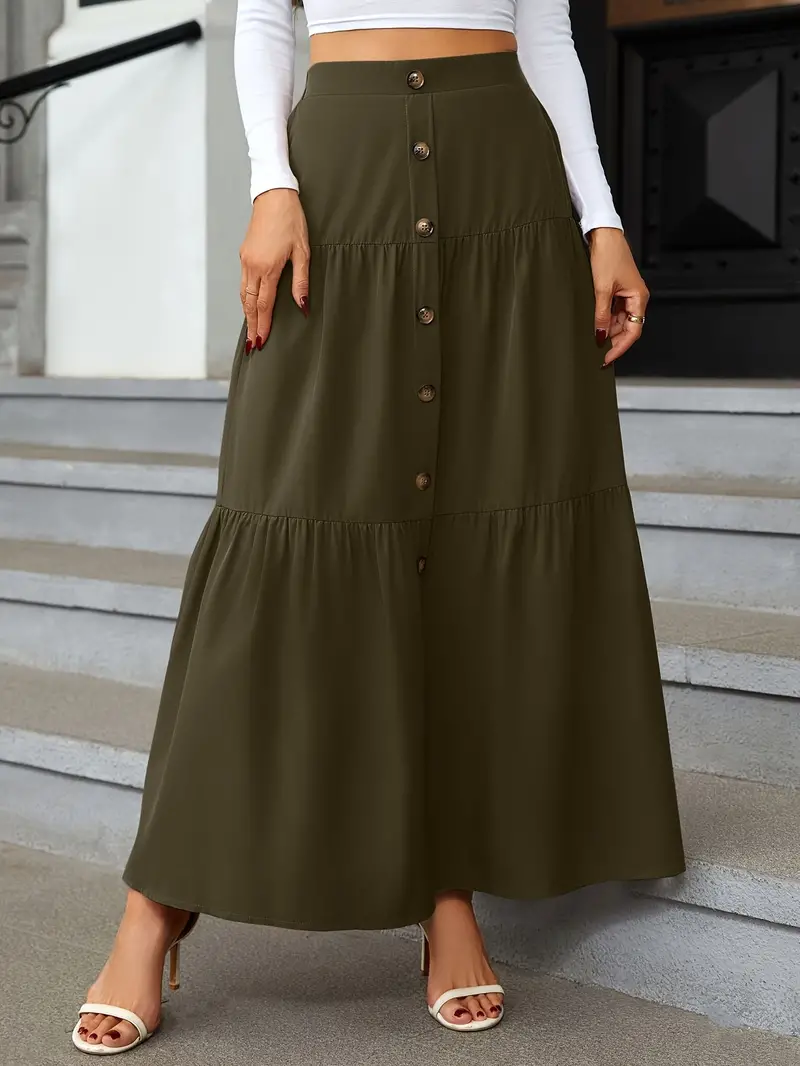 high waist tiered skirts casual solid button front maxi skirts womens clothing details 17