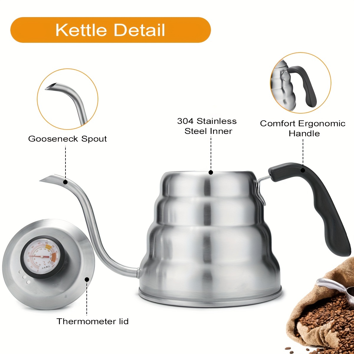 Kettle with Thermometer, Special Pour for Drip, Leather Handle