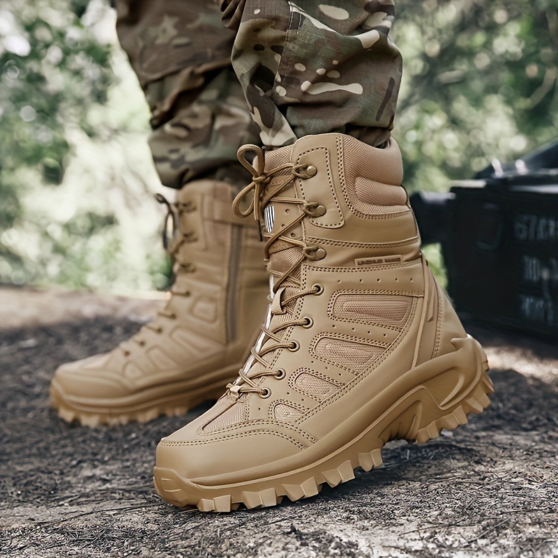 mens trendy solid high top military style boots with side zipper comfy non slip lace up shoes