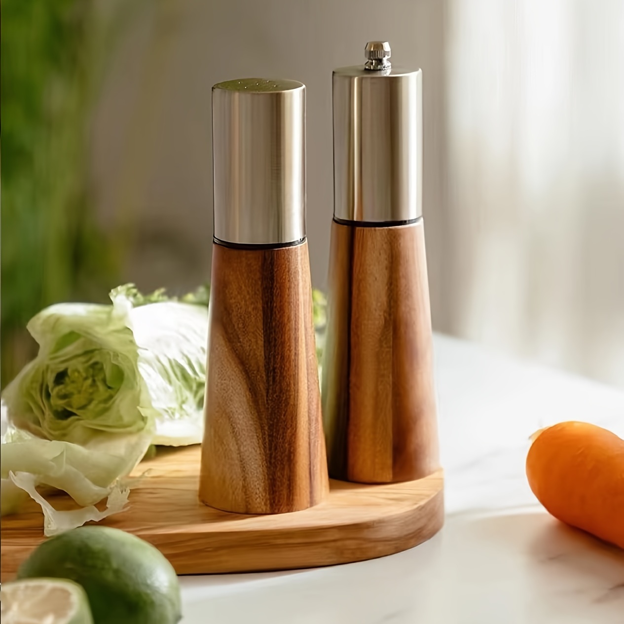 Salt And Pepper Grinder Set, Acacia Wood Adjustable Coarseness Pepper Mill  With Wooden Stand, Cleaning Brush & Spoon, Pepper Grinder, Refillable Spice  Bottle, Salt And Pepper Shakers, Kitchen Decor, Chrismas Gifts, Kitchen