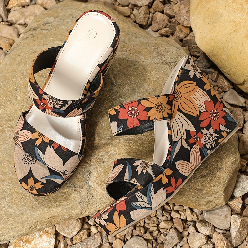 Women's Floral Print Wedge Sandals Open Toe Two Band Slip - Temu Canada