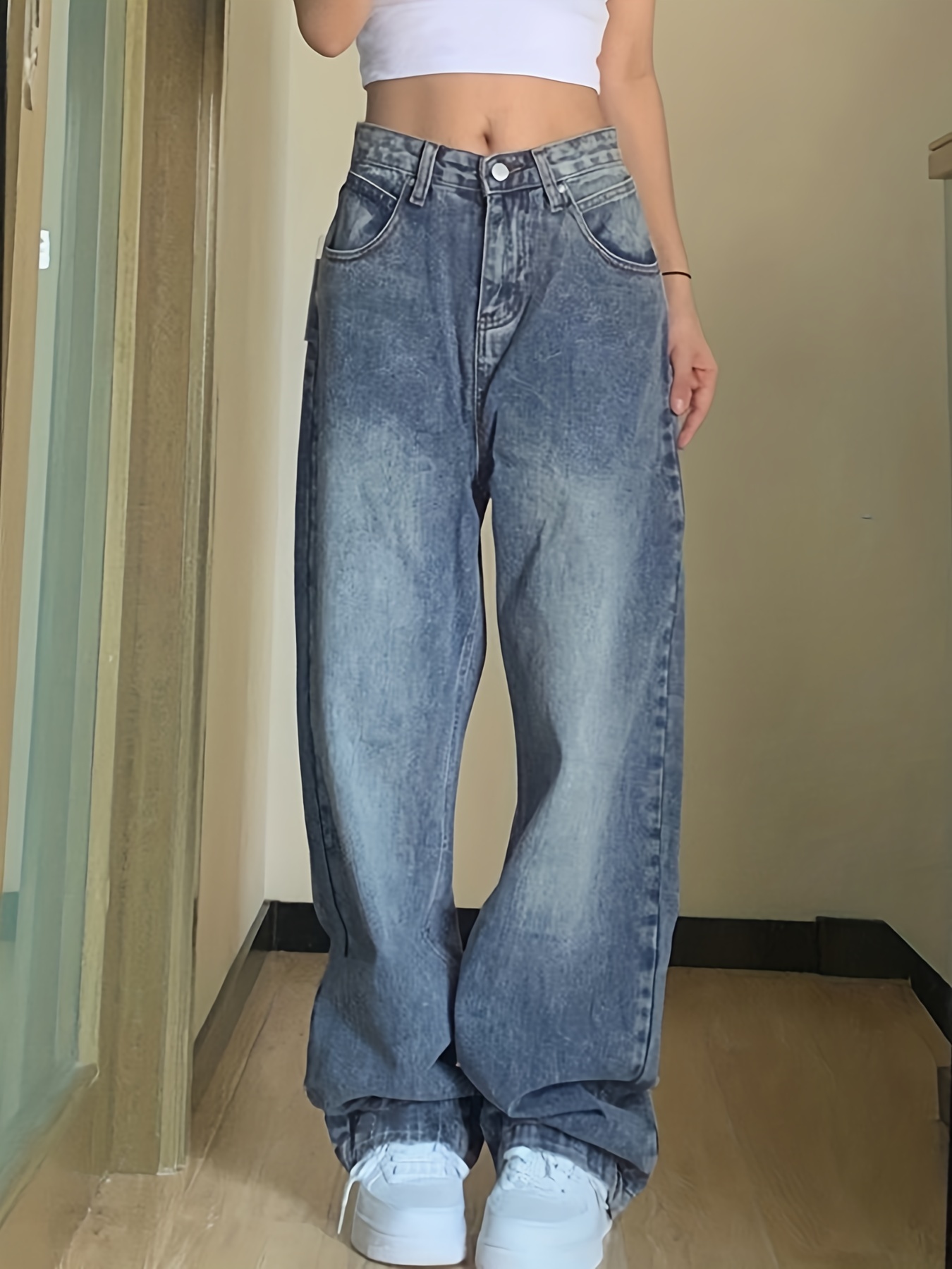 Ripped Straight Leg Loose Fit Jeans High Wide Legs - Temu Spain