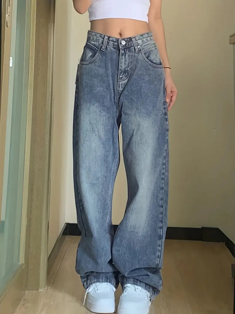 Blue Wide Legs Straight Jeans, High Waist Loose Fit Slash Pockets Boyfriend  Style Denim Pants, Women's Denim Jeans & Clothing
