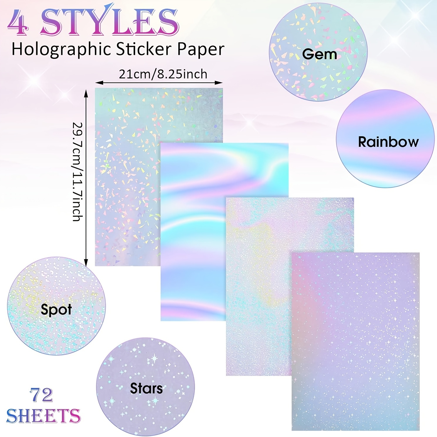 24 Sheets Holographic Sticker Paper Clear Holographic Laminate A4  Transparent Vinyl Self-Adhesive Waterproof Iridescent Paper Glitter Window  Film