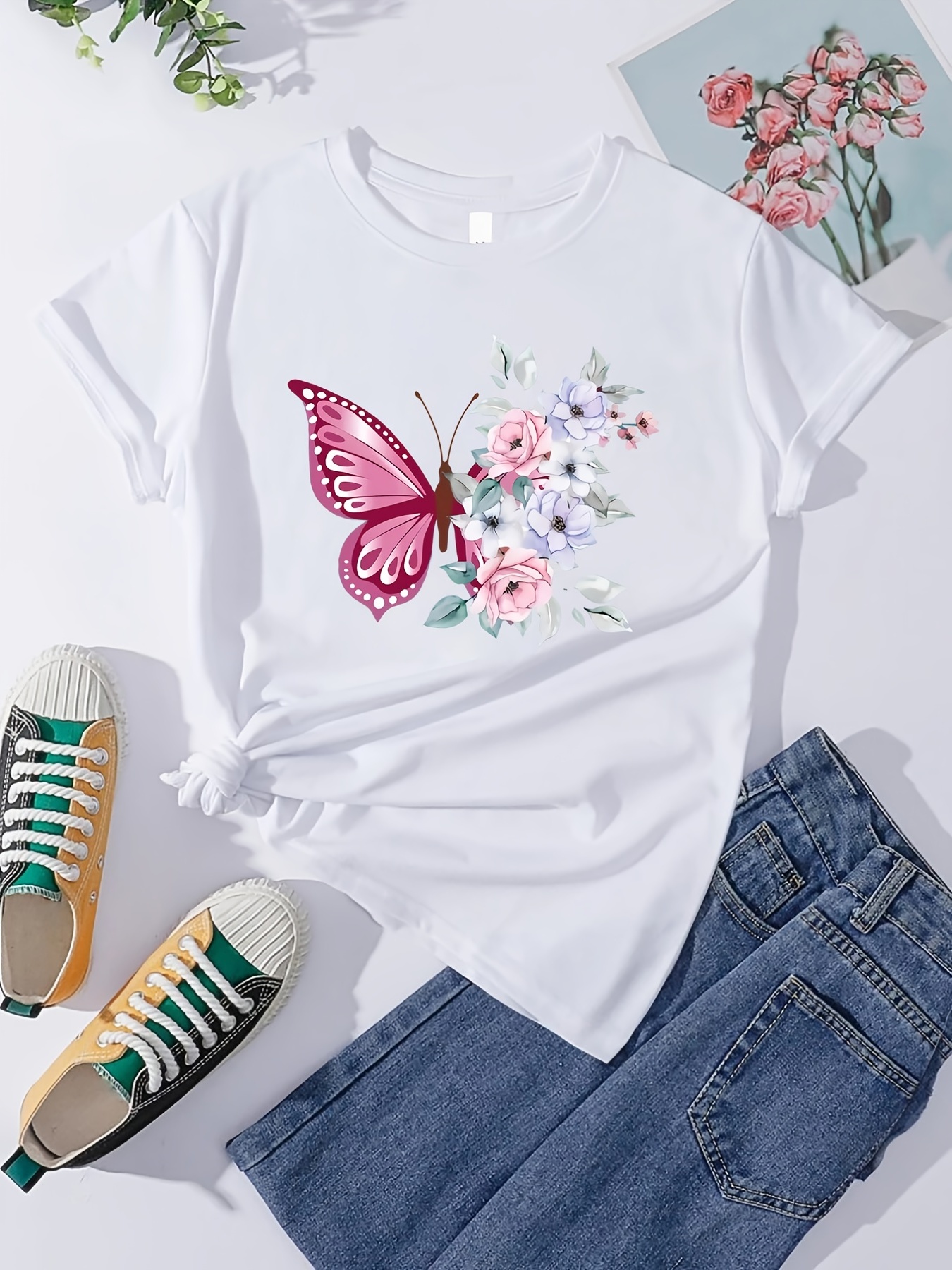 Toddler Girls Flowers Butterfly Graphic T shirts Casual - Temu Canada