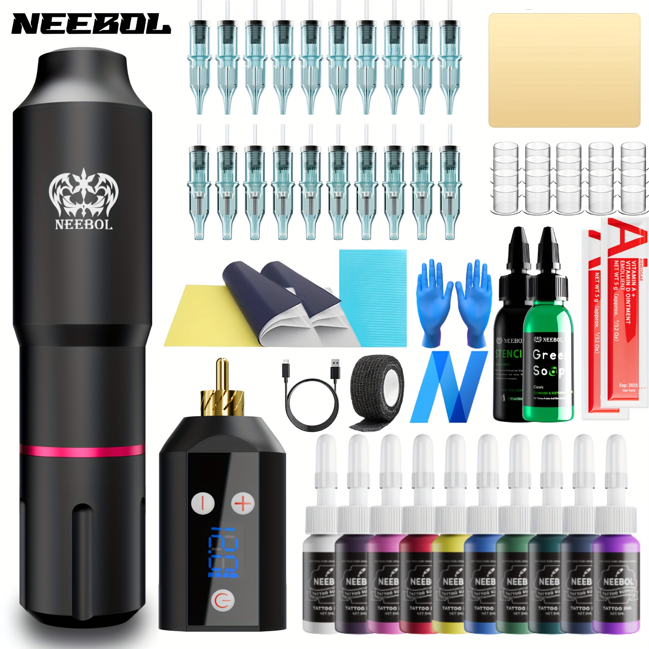 Rehab Ink Professional Tattoo Kit w/ 3 Ink Colors, Skull Ink Holder, 2  Guns, Power Supply & More