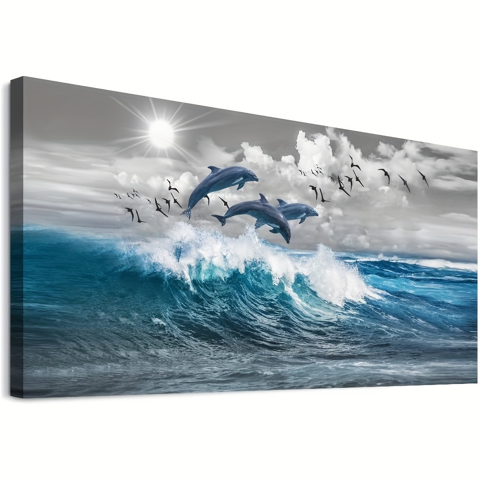 

1pc, Canvas Walls Living Room Wall Decoration Large Canvas Wall Art Bedroom Blue Wave Wall Picture Artwork Canvas Art Print Dolphin Wall House Decoration 12x24 Inch Frameless Eid Al-adha Mubarak