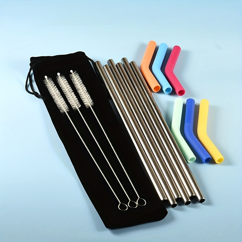 Reusable Stainless Steel Straw Set With Travel Case, Silicone Tips