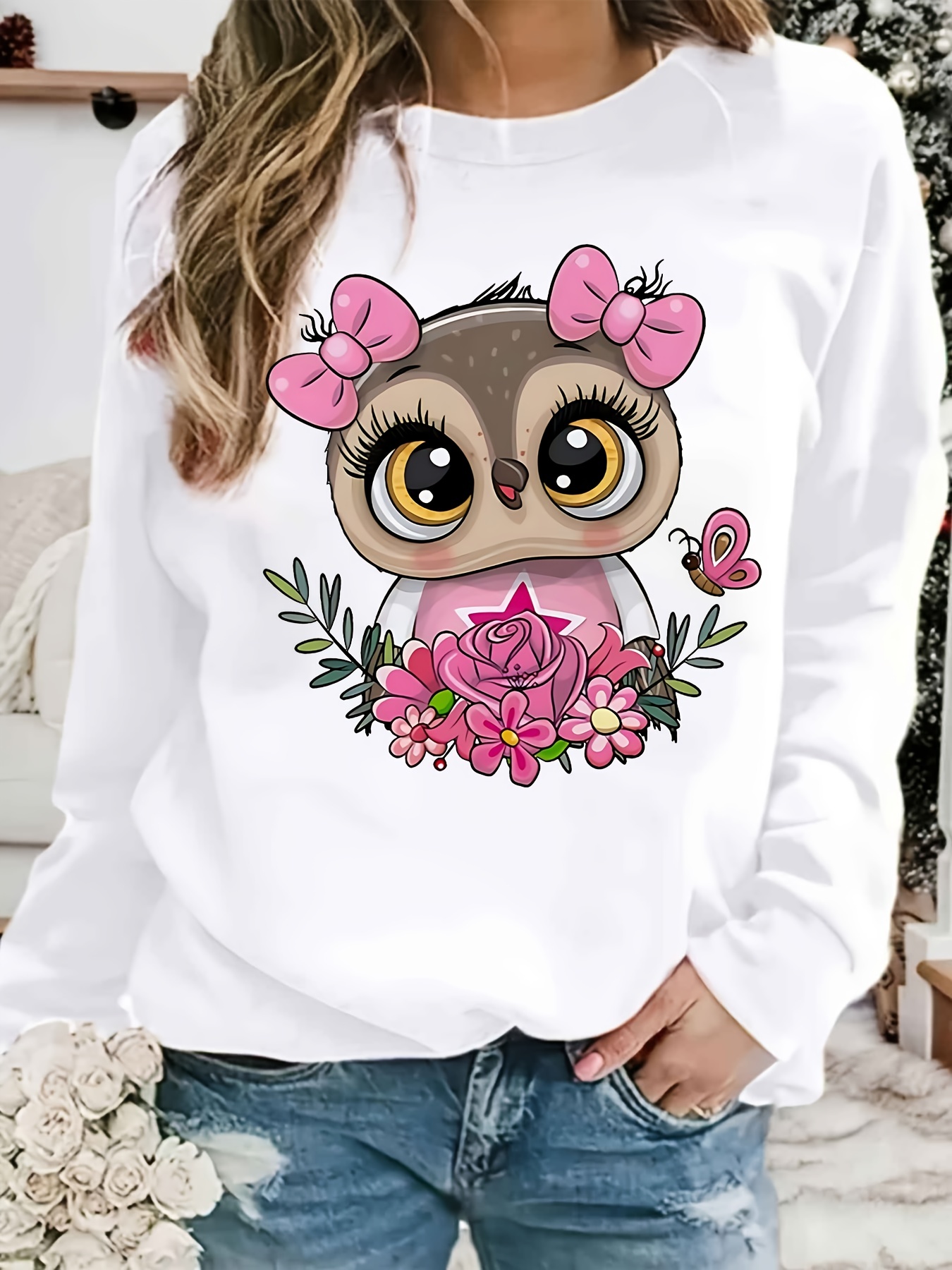 Cute Owl Print Sweatshirt, Long Sleeve Crew Neck Casual Sweatshirt