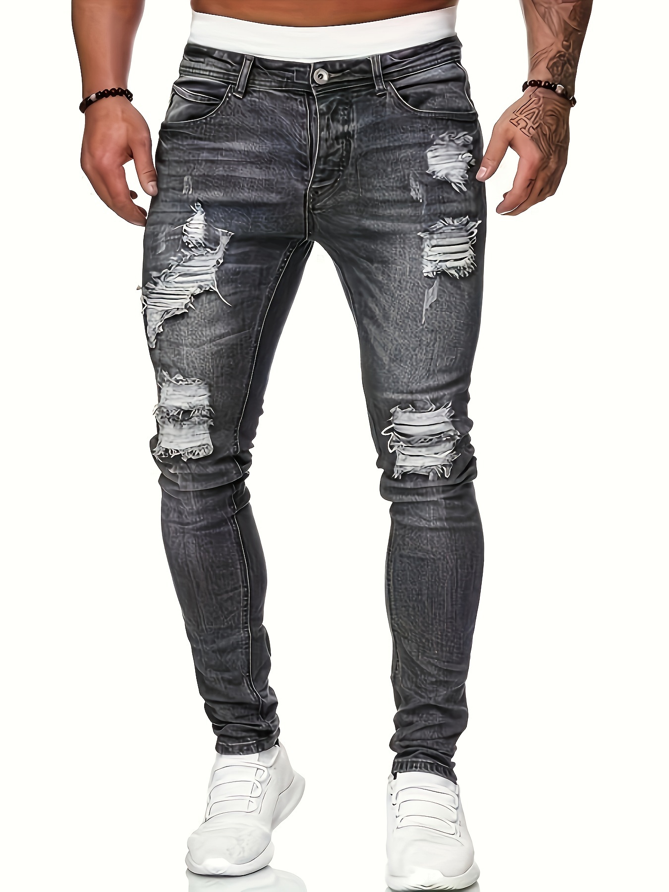 Pantalones Vaqueros/Jeans de algodón rasgados y ajustados - Mezclilla  elástico - Estilo Urbano casual para hombre - ¡Ideal para usar en primavera  y ve