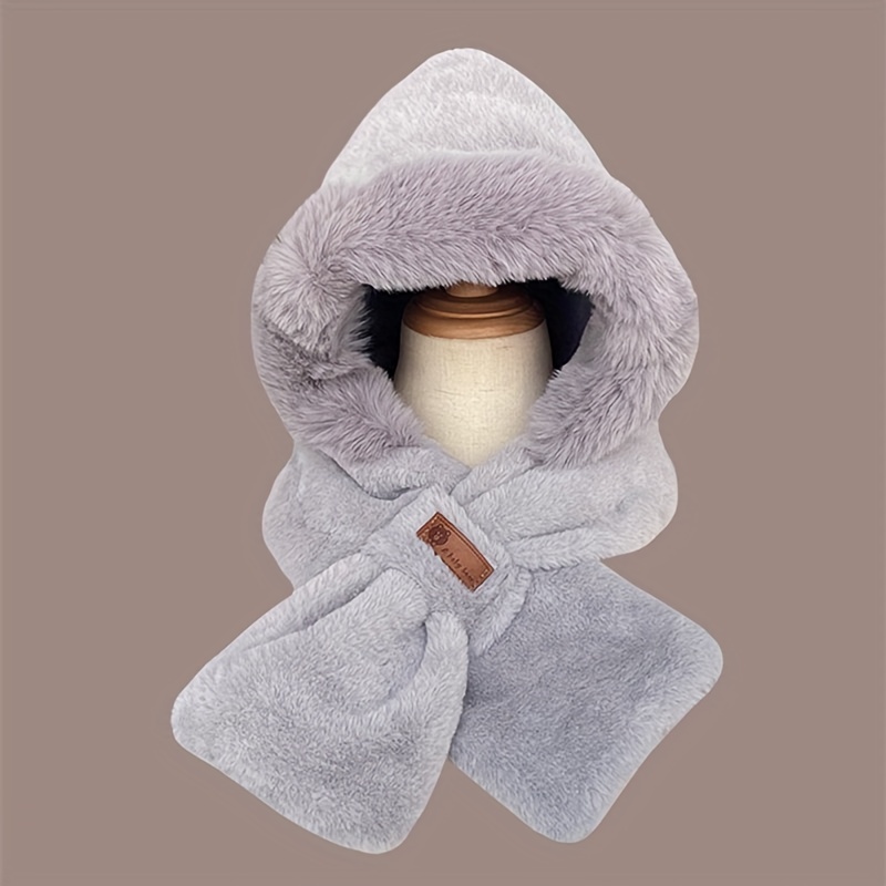 Women's scarf hood with white fur trim. Winter warm snood