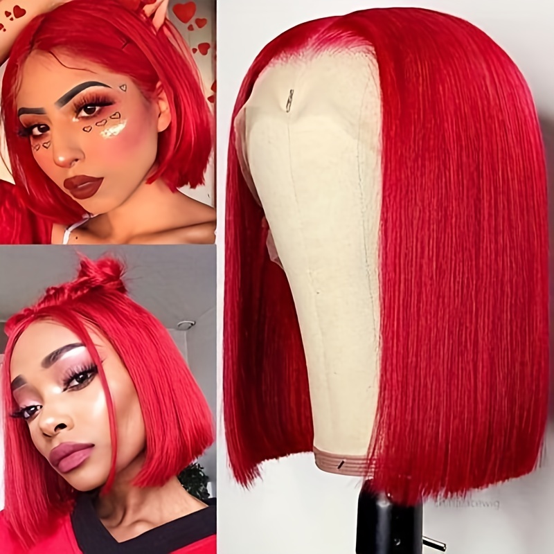 

13*4 Red Straight Bob Wig - 180% Density Remy Human Hair Wig With Pre- Lace Front For Women And Girls