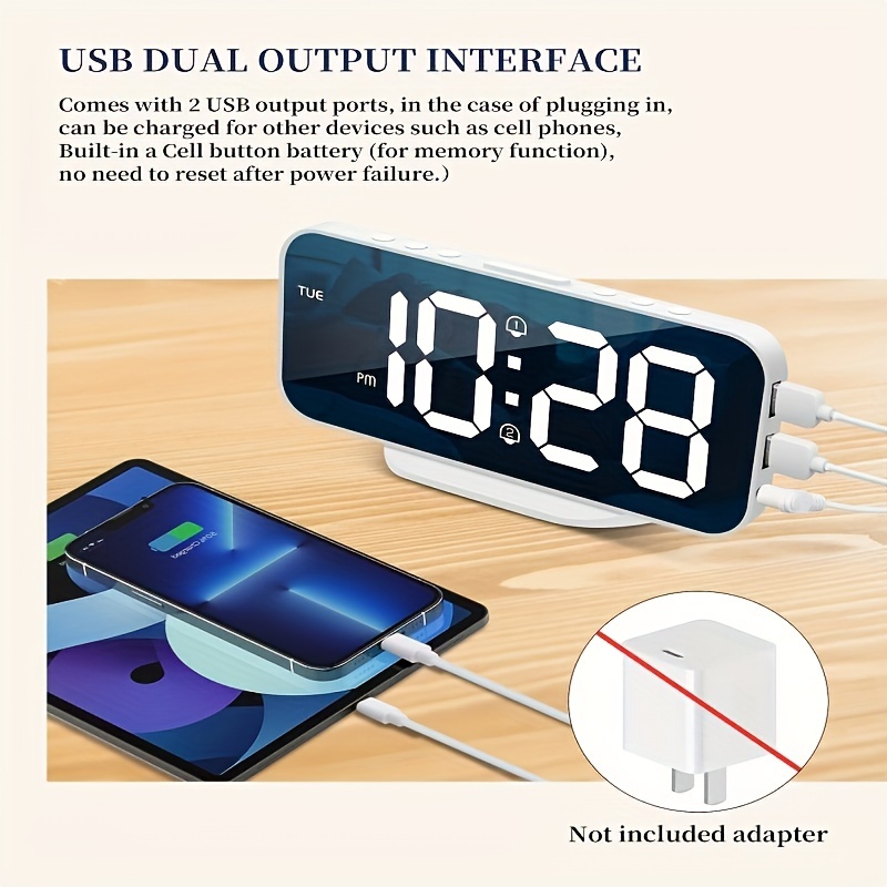 Digital Alarm Clock For Bedroom Led Mirror Clock With 2 Usb - Temu