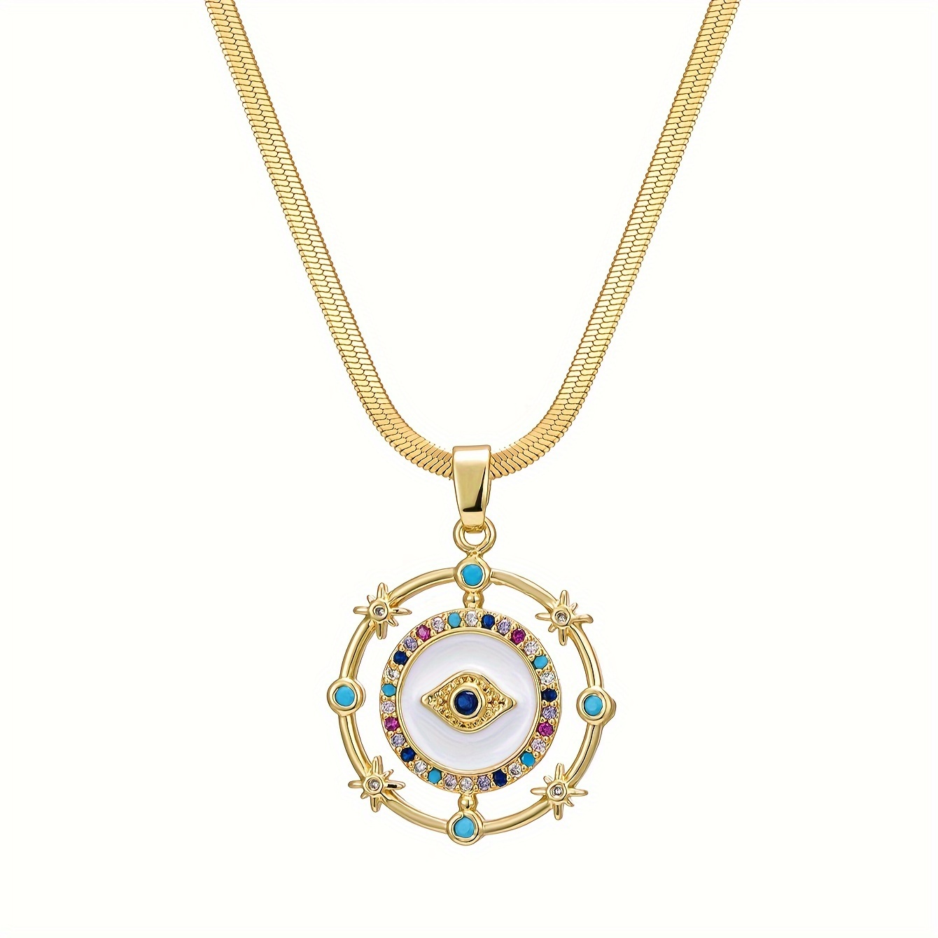 1 Stück Goldenes Zirkonia-Dekor-Design, Blaues Auge, Runde  Kreis-Anhänger-Halskette Für Männer Und Frauen, Paare