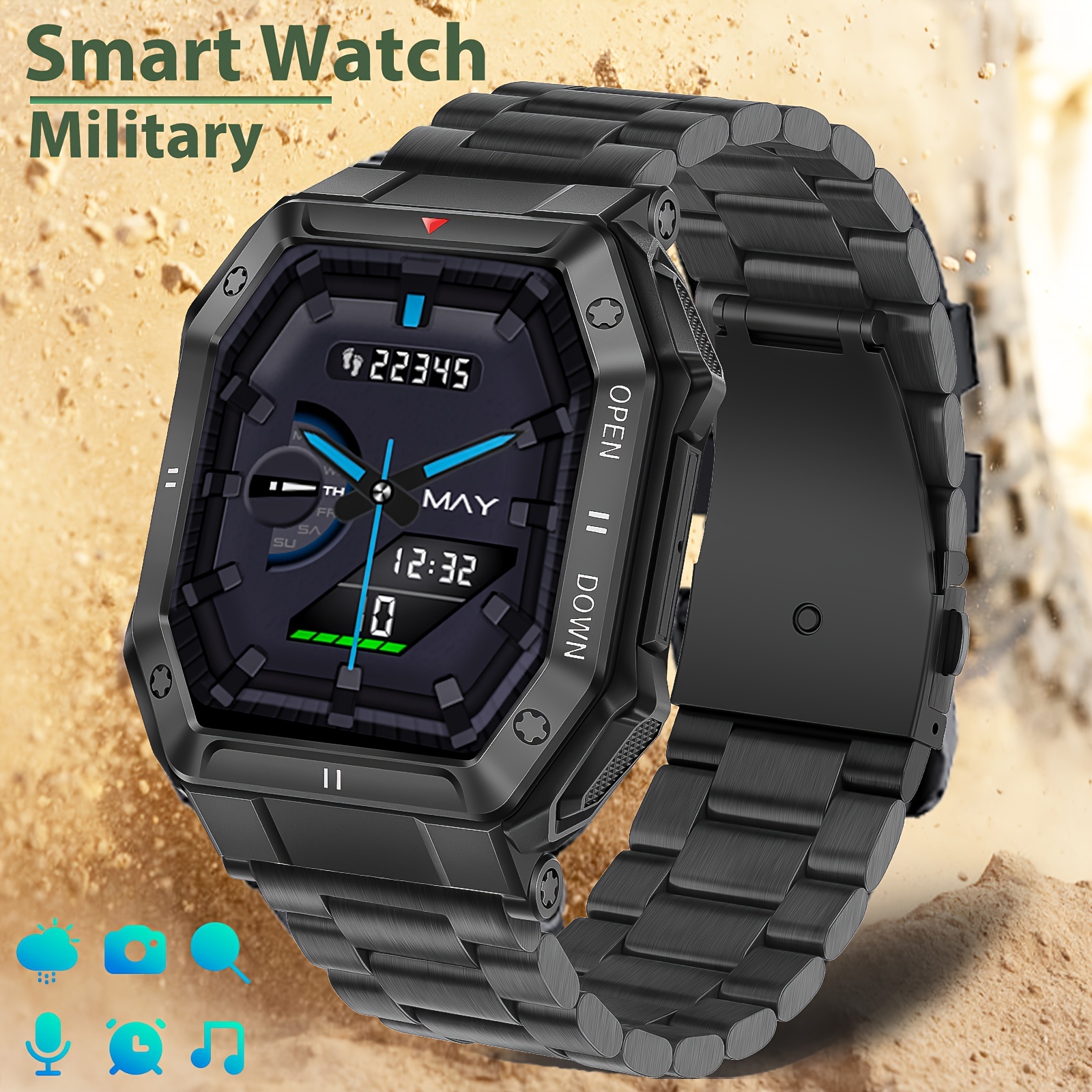  Reloj inteligente militar para hombre (recepción de  llamadas/marcación) con linterna LED, 1.45 pulgadas HD para exteriores,  táctico resistente reloj inteligente deportivo, reloj de seguimiento de :  Electrónica