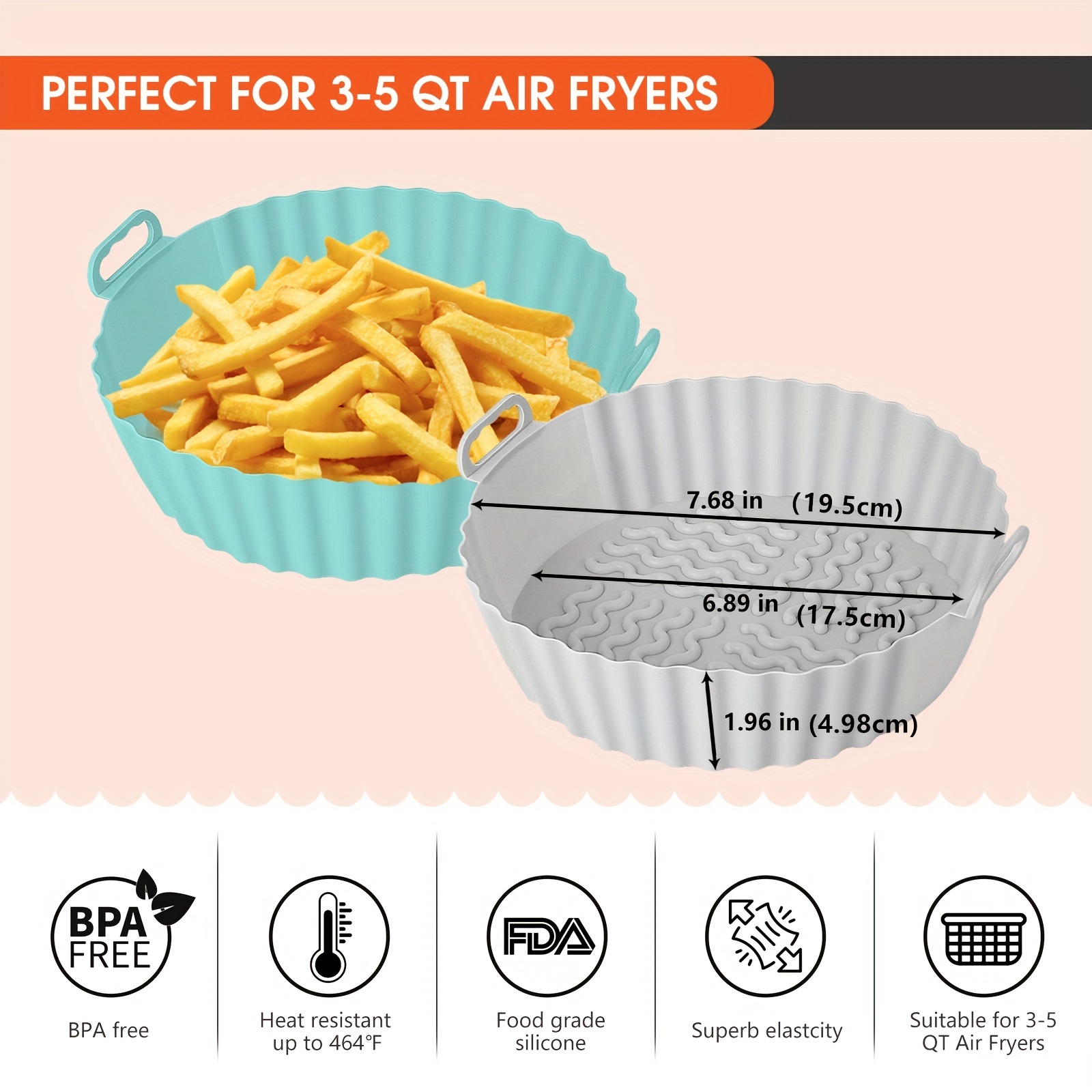 2 Pack Air Fryer Silicone Baking Tray 7.5inch for 3 to 5 Qt Reusable  (Blue+Grey) in 2023
