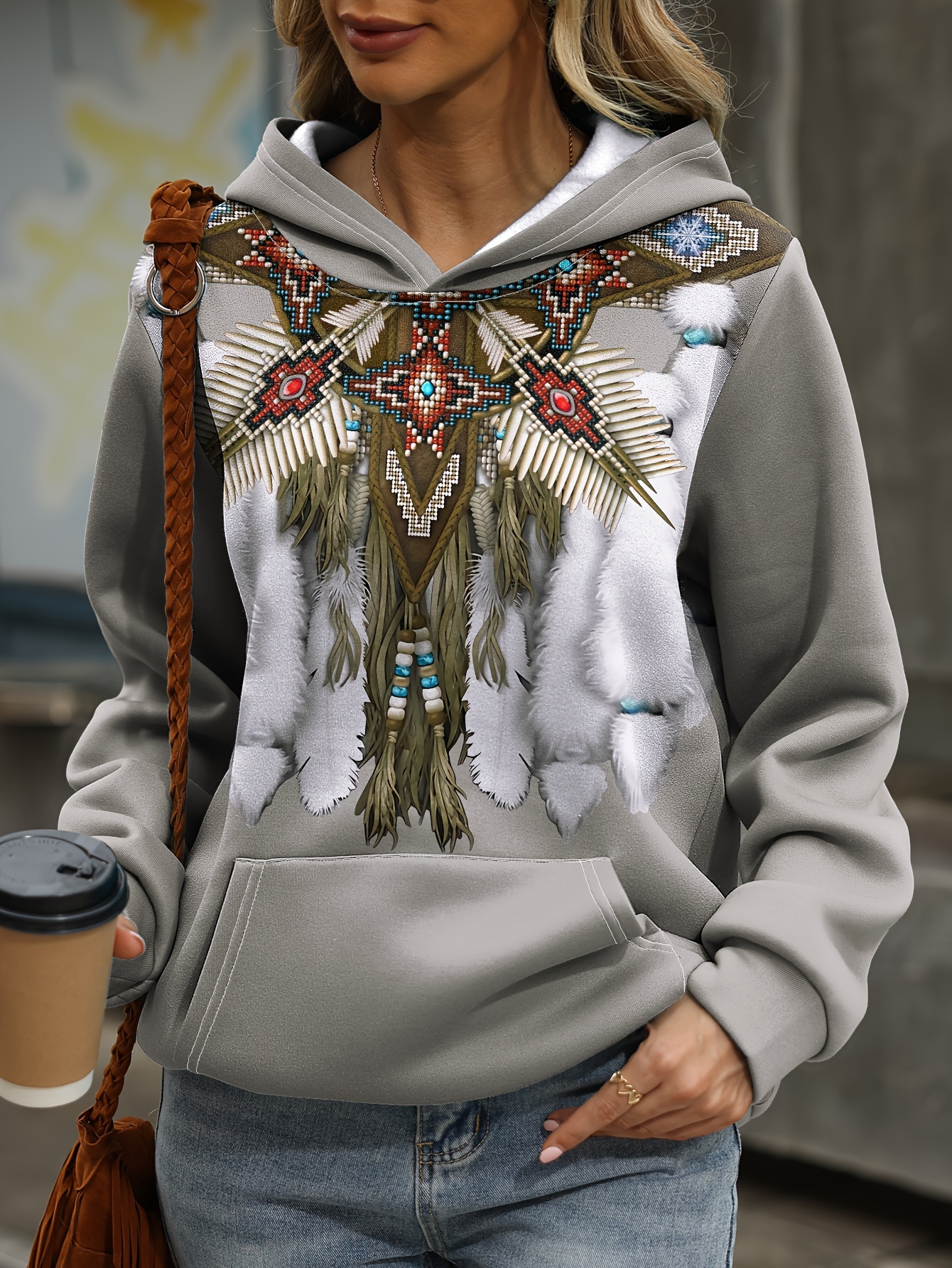 plus size casual sweatshirt womens plus tribal print long sleeve hooded slight stretch sweatshirt with kangaroo pockets details 8