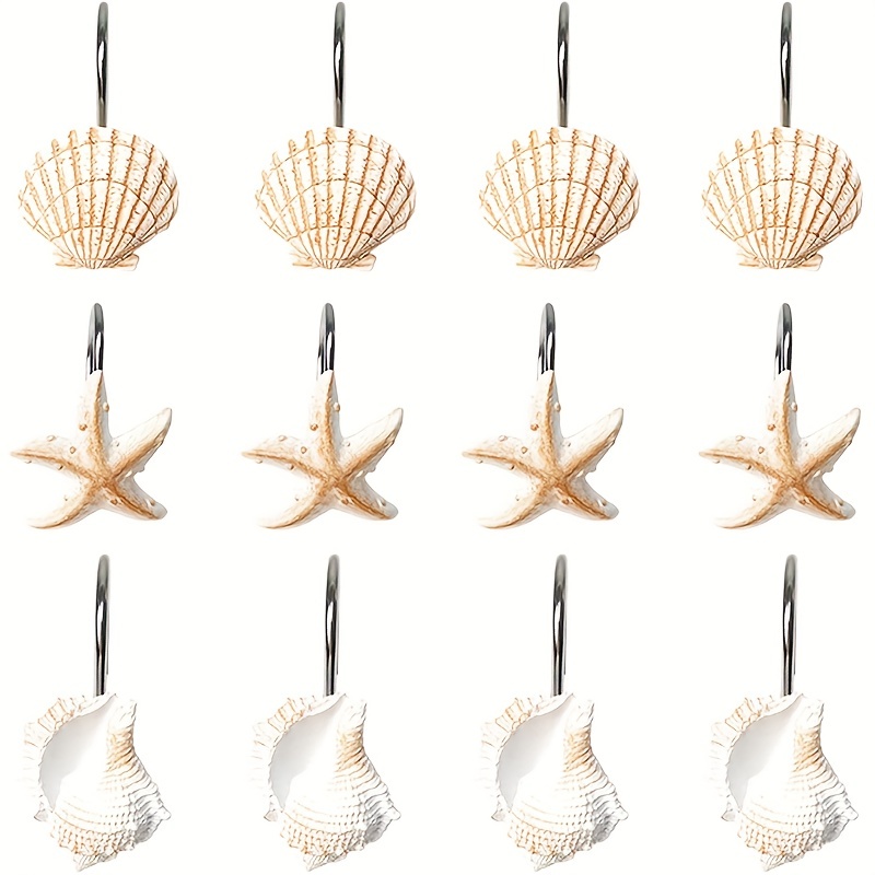 12pcs Anti-rust Resin Starfish Conch Shell Shower Curtain Hook, Decorative  Shower Curtain Hook, Shower Curtain Hanging Ring, Hardware Accessories