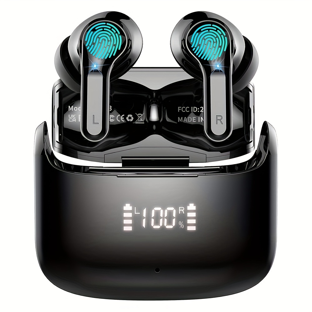 Auriculares Bluetooth inalámbricos, tamaño mini con pantalla LED?  Auriculares estéreo con cancelación de ruido de graves inmersivos,  auriculares para