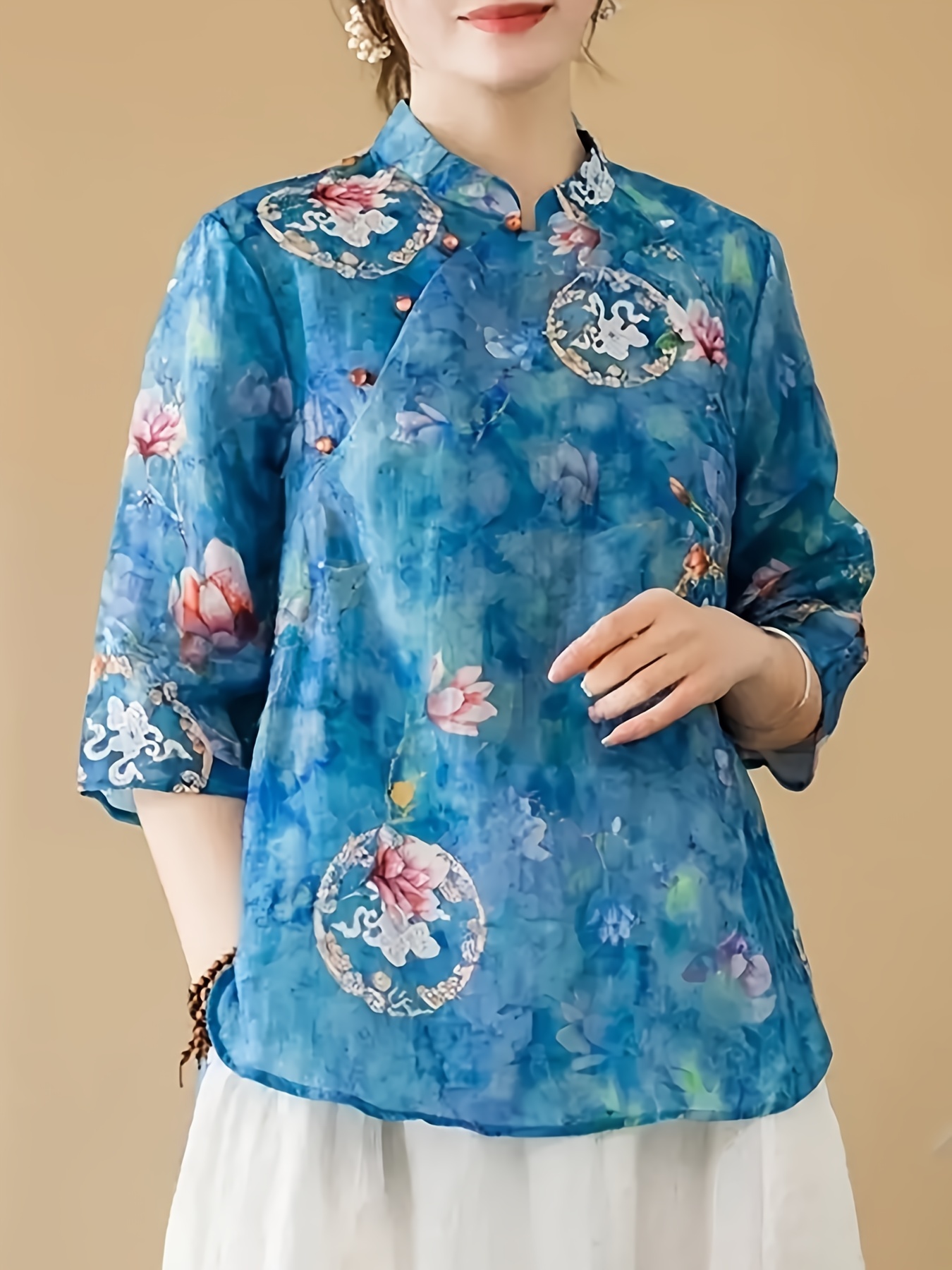 Floral Print Ethnic Tang Suit Vintage Mandarin Collar - Temu Canada