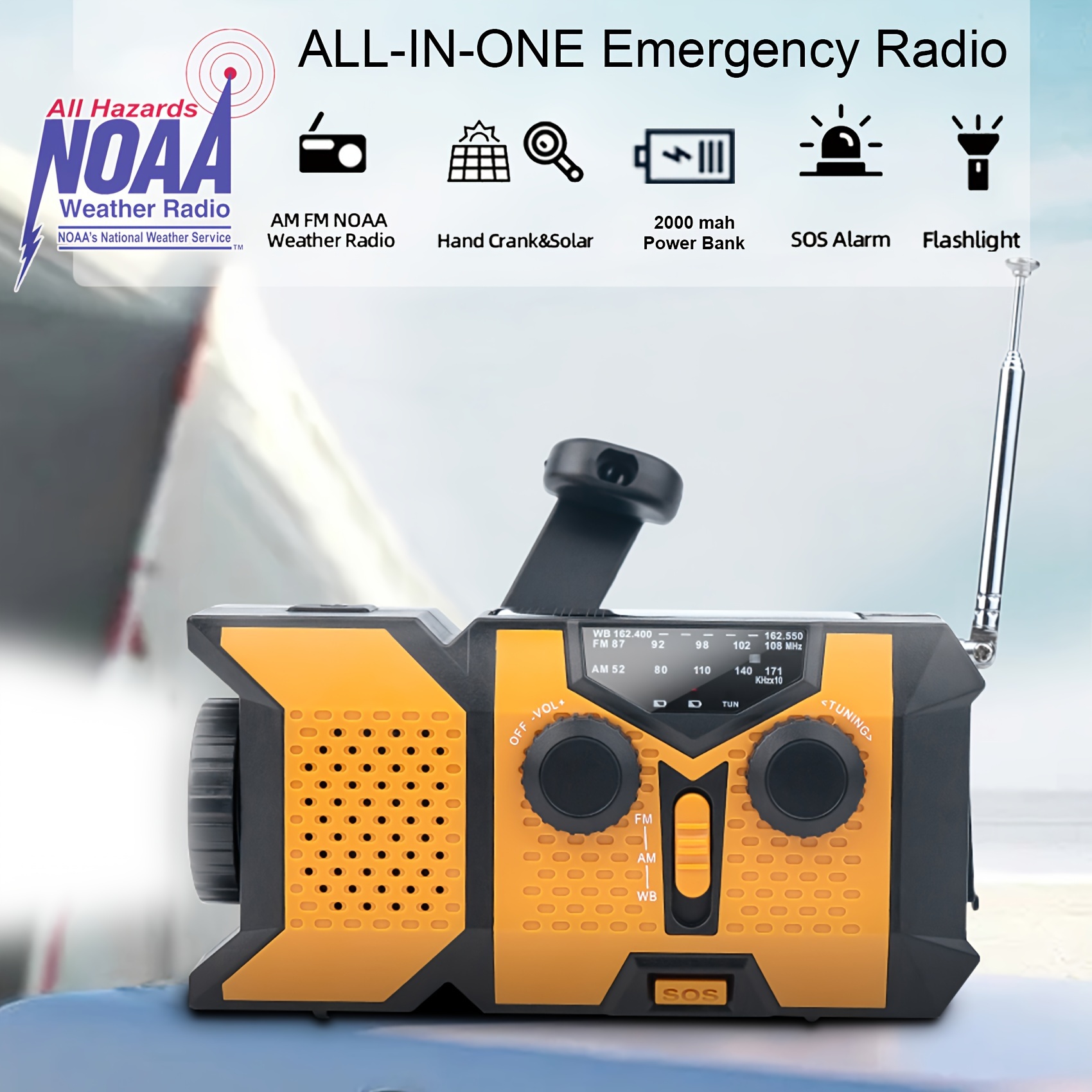 10000mAh Solar Crank NOAA Emergency Radio, 4 Power Sources Type-C  Rechargeable Weather Radio, Portable AM FM Dynamo Survival Radio, USB Phone  Charger