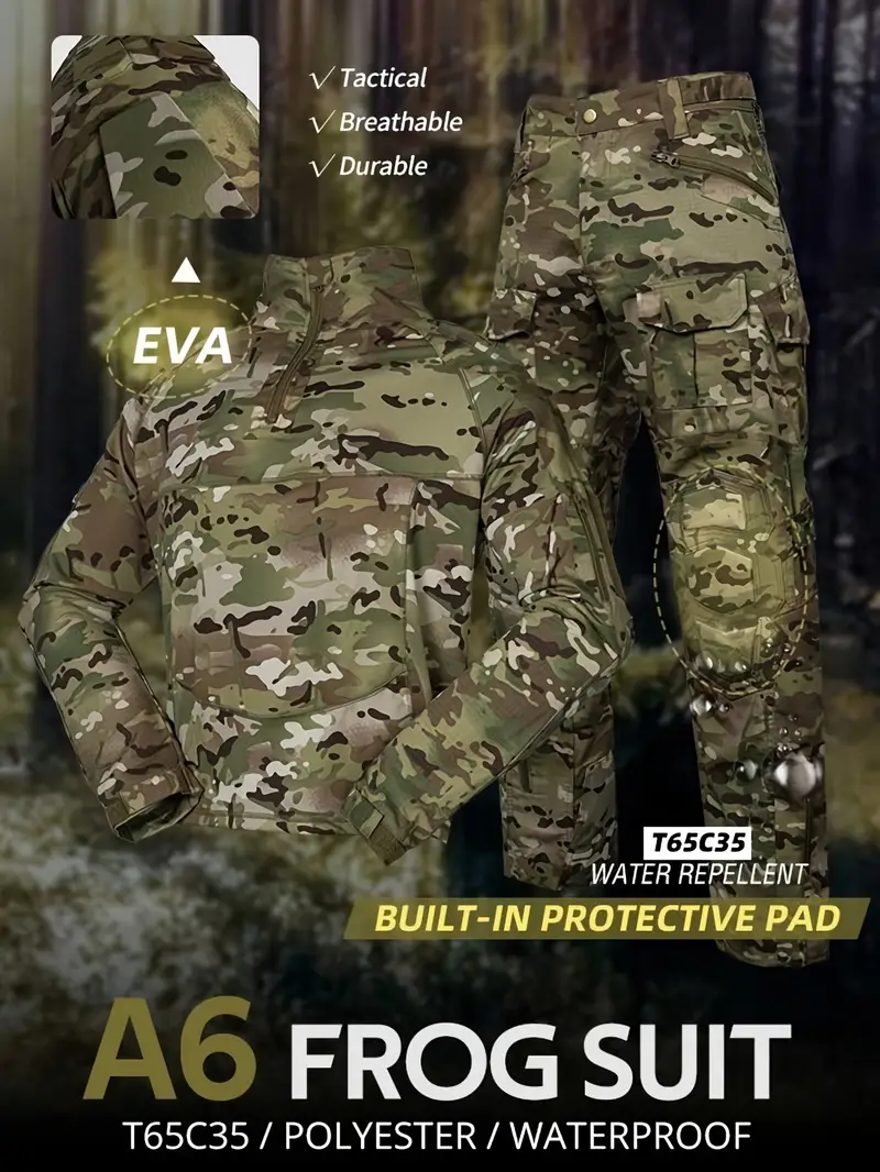 2-piece Men s Camouflage Pattern Tactical Suit, Men s Long Sleeve Stand Collar Sports Training Gear Shirt With Zipper & Flap Pocket Pants Set details 0