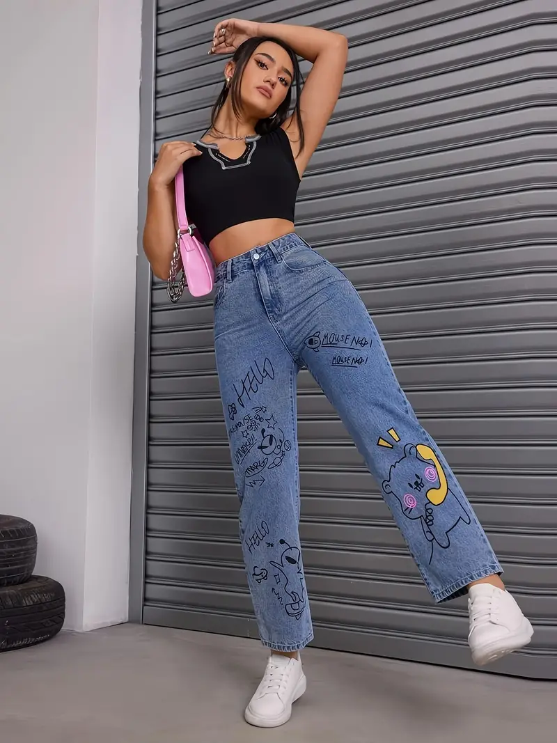 Cartoon & Letter Print Straight Jeans, Loose Fit Non-Stretch Casual Denim  Pants, Women's Denim Jeans & Clothing
