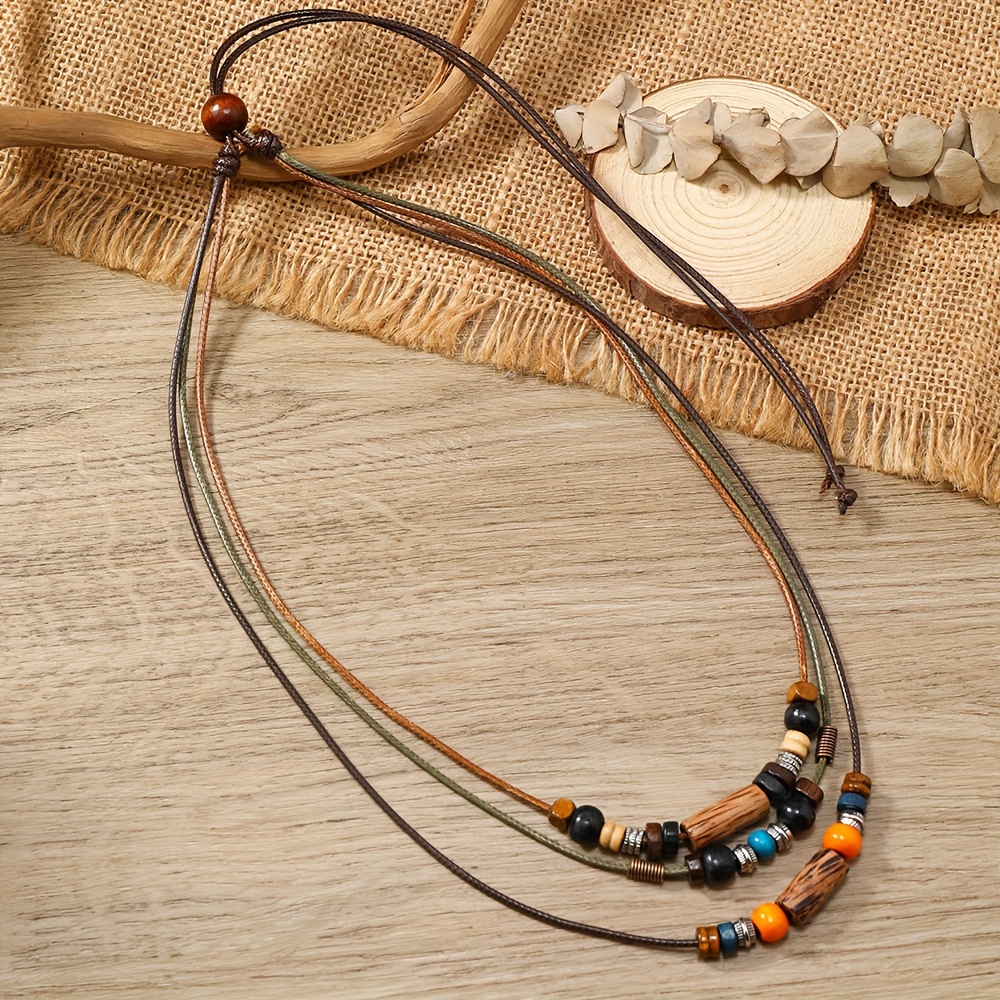 

1pc Colorful Wooden Bead Necklace, Long Fashion Sweater Chain Unisex Multilayer Retro Bohemian Jewelry