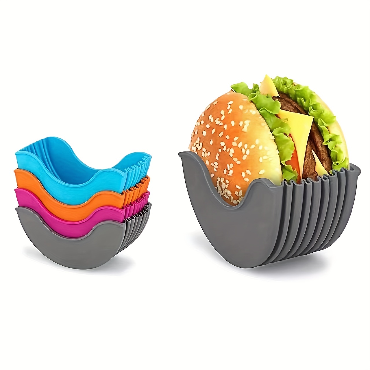 LiXiongBao 4 Supporti Per Hamburger In Silicone – Regolabili, Colorati, Riutilizzabili, Per Mangiare Senza Sporcarsi