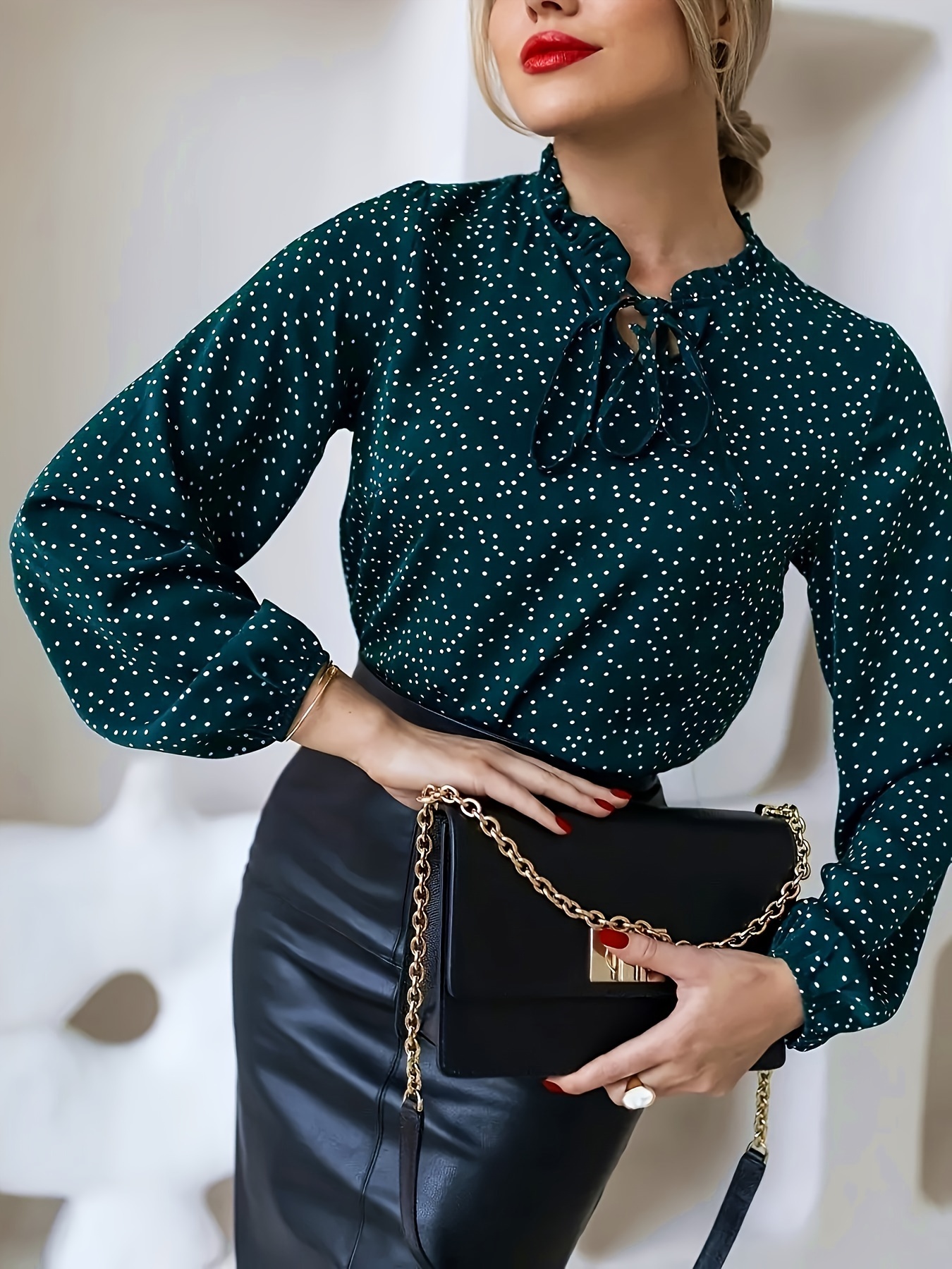 Allover Print Tie Neck Blouse, Versatile Long Sleeve Blouse For Spring &  Fall, Women's Clothing