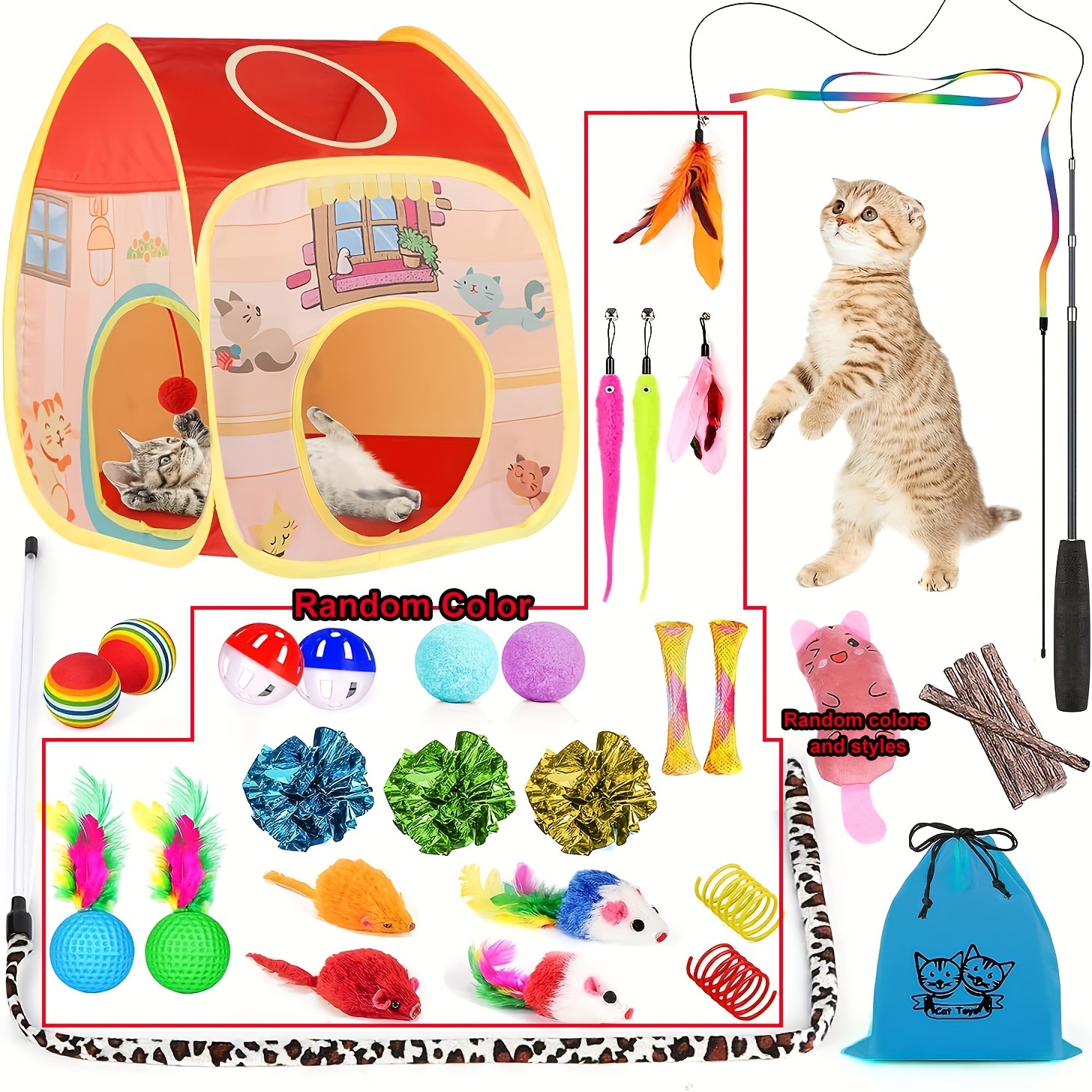 

34pcs Cat Toys Kitten Toys, Interactive Cat Toys Set With Collapsible Cat Tunnels Tent For Indoor Cats, Retractable Cat Wand Toys Cat Feather Teaser Fluffy Mouse Crinkle Balls For Cat
