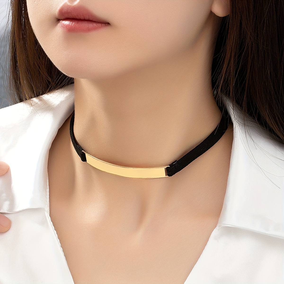 Black Velvet Collar Choker with Golden Long Strip Pendant Women's Sexy Necklace,Temu