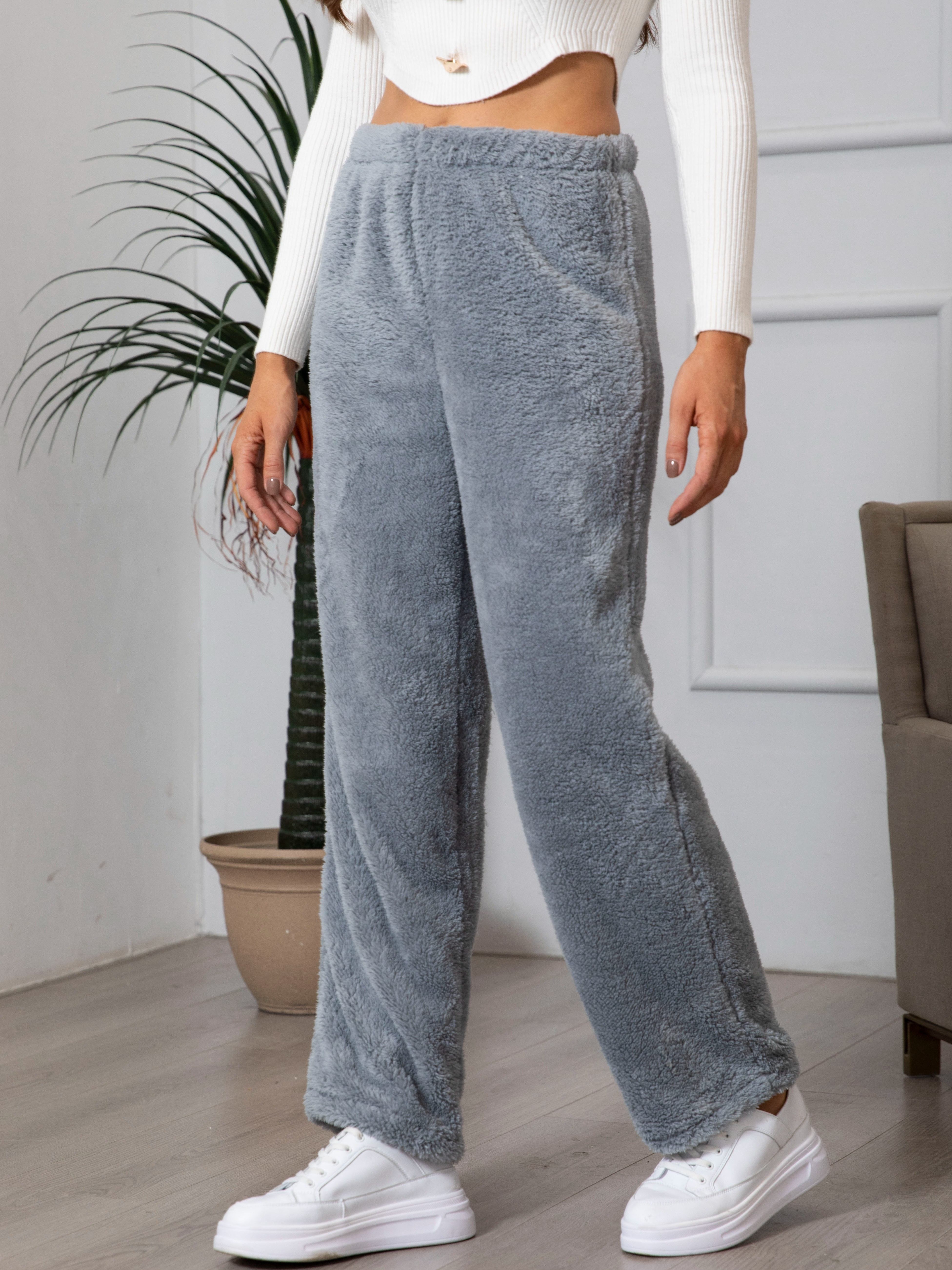 Solid Fuzzy High Waist Pants Casual Loose Pants Fall Winter - Temu