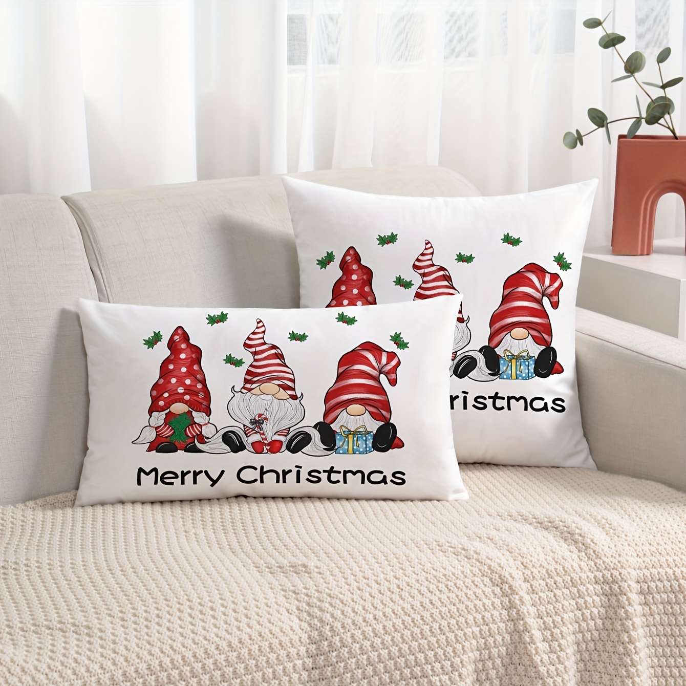 

1pc, Merry Christmas Pillow Covers 18x18 Inches Or12×20 Inches Gnomies Christmas Decorations Farmhouse Super Soft Short Plush Throw Pillow Case Cushion Cover, Gnome Christmas Decor