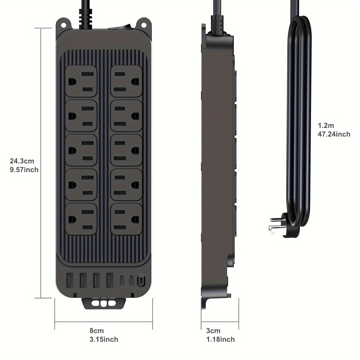 Regleta de alimentación con USB, protector de sobretensiones, enchufe plano  con 8 tomas ampliamente espaciadas y 6 puertos USB (1 USB C), cable de