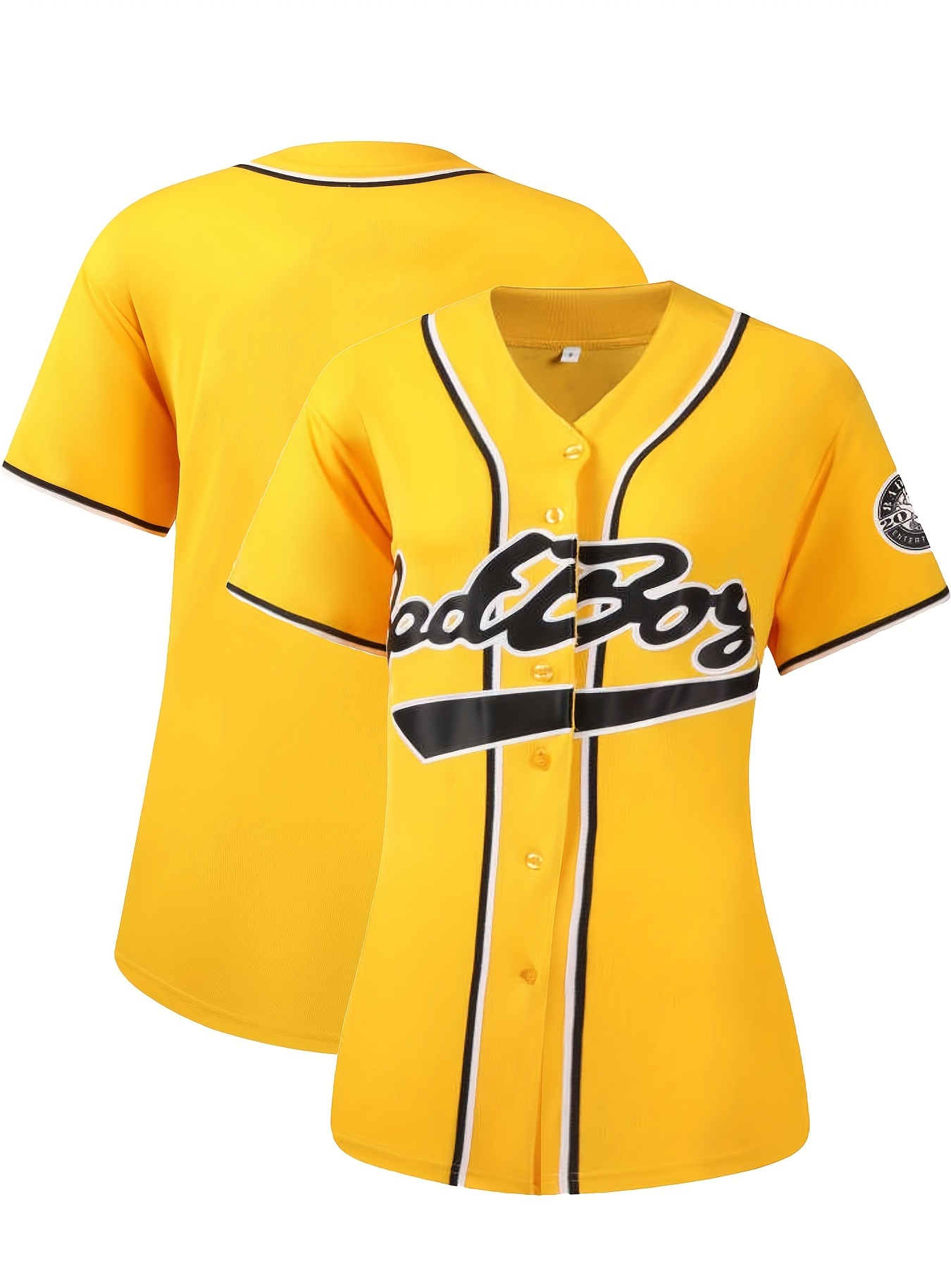 Temu Women'sBadBoy Letter Yellow Baseball Jersey, Letter Printing V-Neck Short Sleeve Sports T-Shirt,Hip Hop Street Art Design Tops for Casual Daily