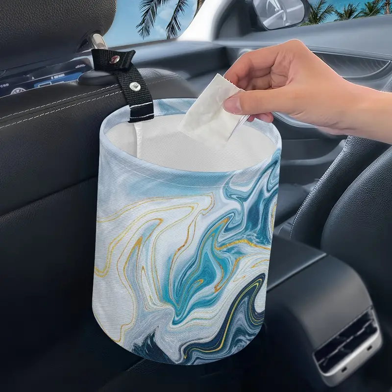 Blue Fluid Golden Marble Printed Leakproof Car Trash Can Car - Temu