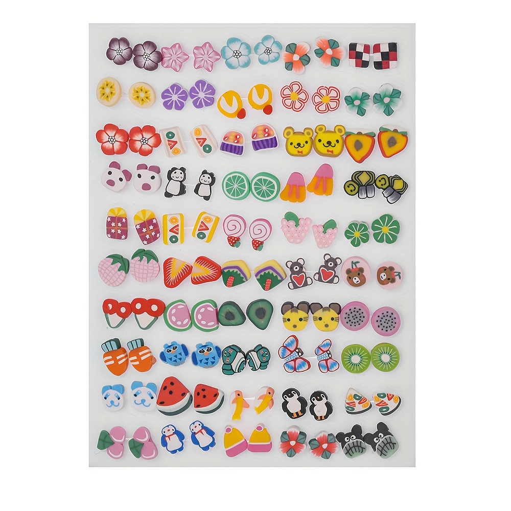 Boho Cartoon Stud Earrings Set Animal & Fruit Designs Colorful Resin
