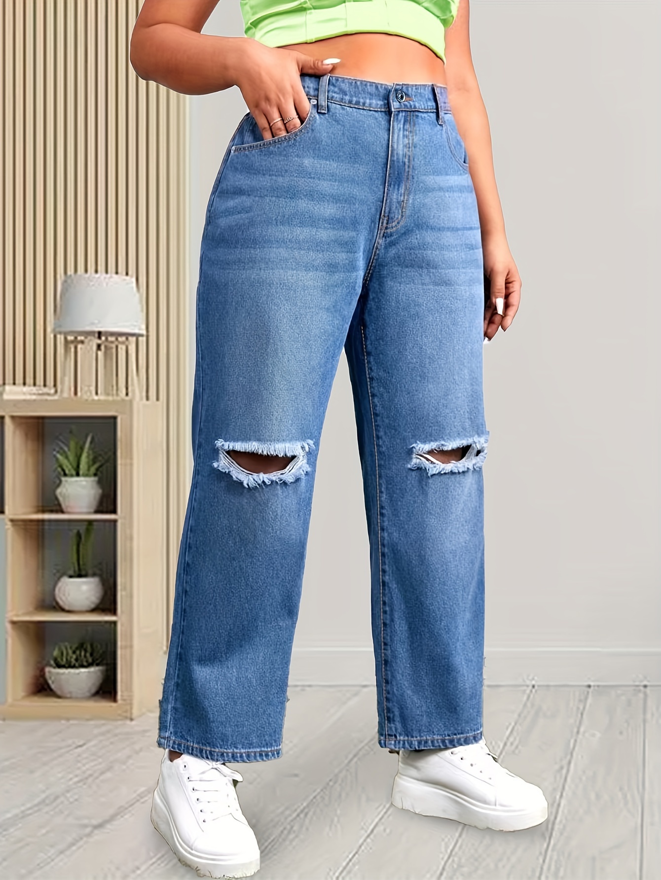 Plus Size Casual Jeans Women's Plus Washed Ripped Button - Temu