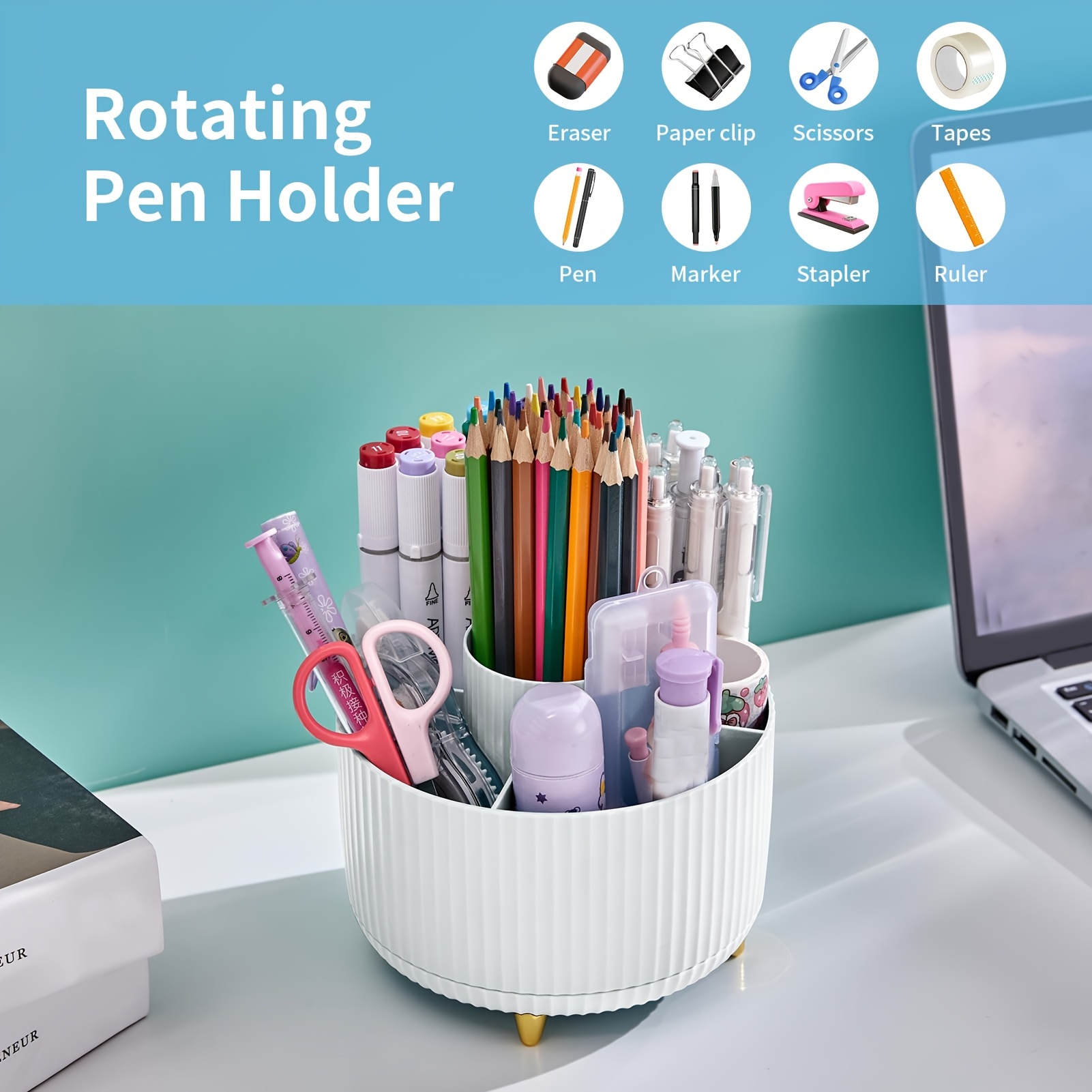 Rotating Pencil Holder for Desk, Mesh Desk Caddy, Desk Pen Organizer with 7 Slots, Pen Holder for Desk, 360-Degree Rotating Desk Organizer, Pencil