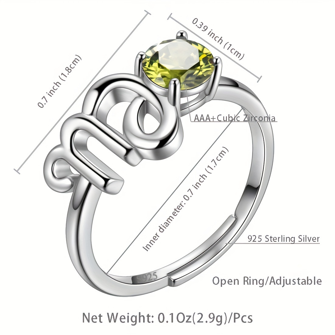 Anillo ajustable de plata de ley 925 y circonitas AAA para mujer