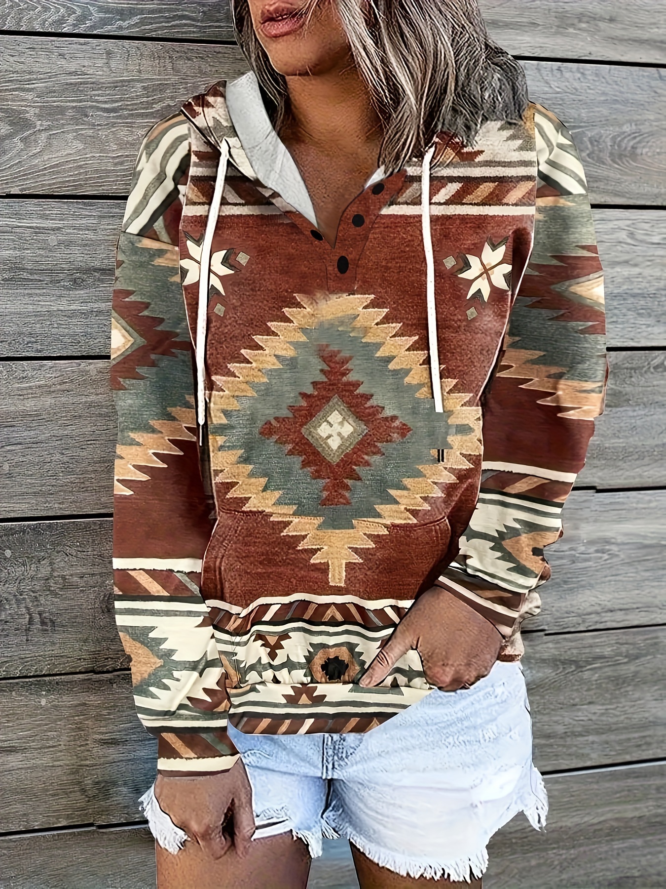 Ethnic Geo Print Drawstring Hoodie Vintage Button Hooded Temu United Kingdom