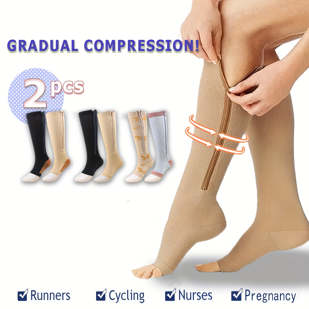 Elastic Toeless Compression Socks Support Open Toe Knee High Stockings Leg Support  Leggings Nude, 2 Pairs