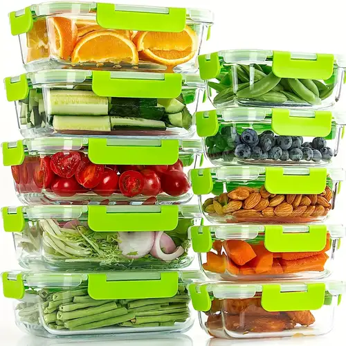 Bayco [24 piezas y 10 paquetes de 2 compartimentos] Contenedores de vidrio  para almacenamiento de alimentos con tapas, cajas Bento de vidrio