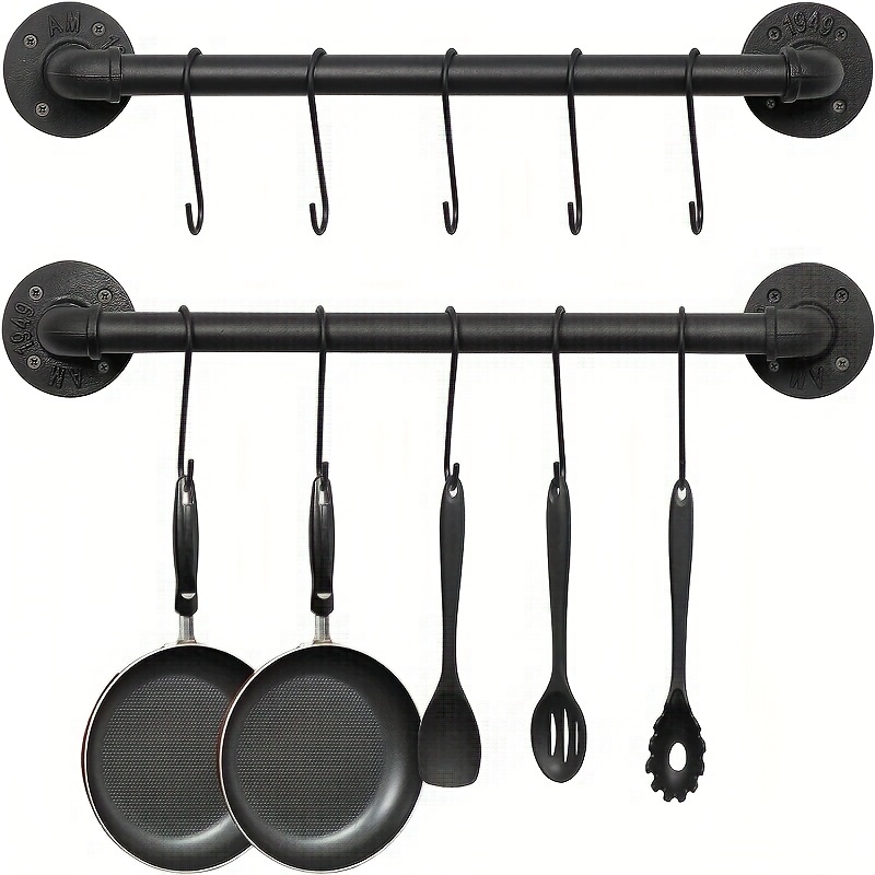  Soporte para utensilios, riel de cocina con 10 ganchos,  organizador de ollas de cocina, colgador de hierro forjado montado en la  pared, estante de utensilios colgante con negro de 17 pulgadas