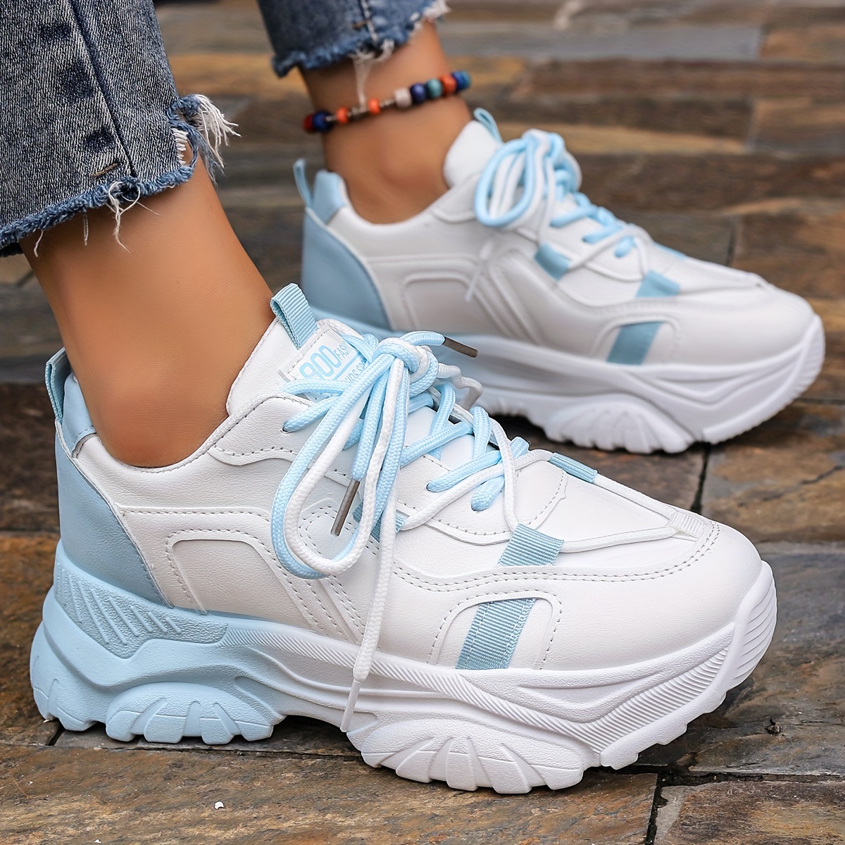 Women's Two Tone Chunky Sneakers Trendy Lace Platform Low - Temu Canada