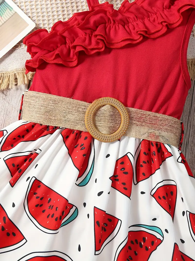 toddler girls asymmetrical neck ruffle trim one shoulder sunflower graphic belted princess dress for party beach vacation kids summer clothes details 7