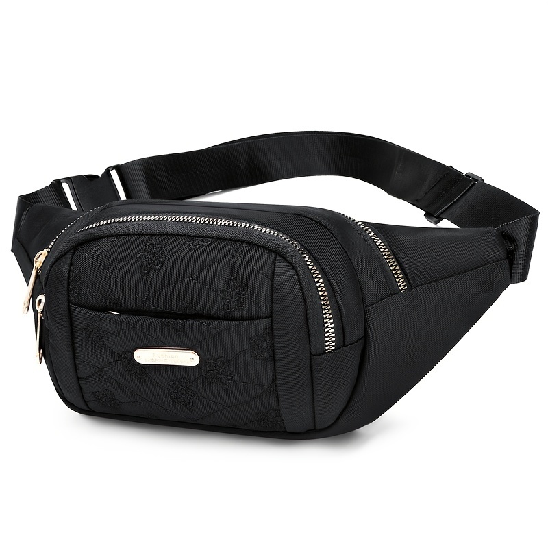 Embroidered Nylon Front Zip Fanny Pack for Women