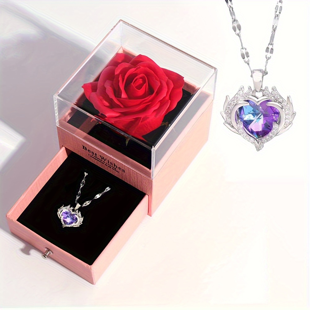 Birthday Gifts for Wife Preserved Real Purple Rose and Angel Wings Necklace