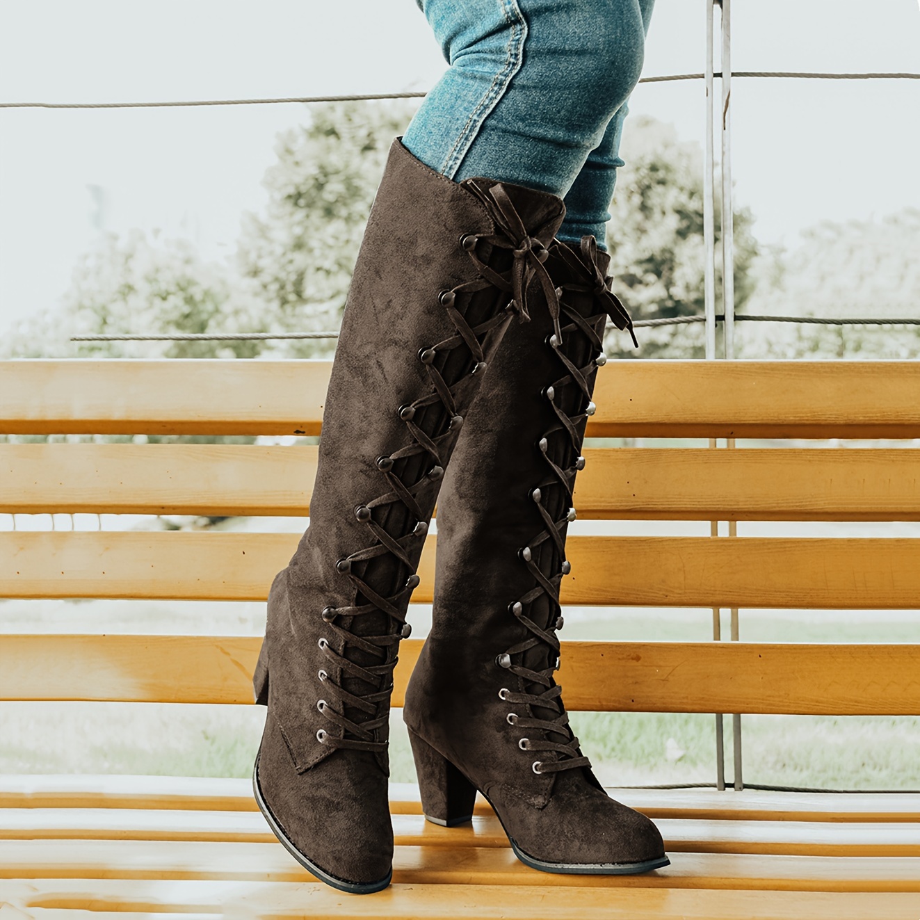 Women's Chunky Heeled Long Boots Lace Up Knee High Boots